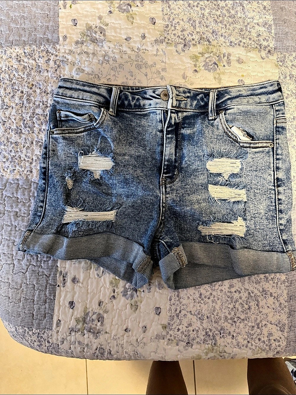 Wax Jean Distressed Cuffed Denim Shorts in Blue